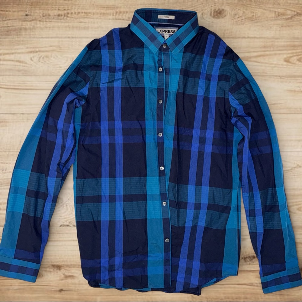 Express Men's Large 16-16.5 Fitted Plaid Shirt